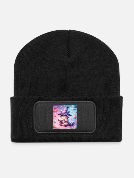 Skurriler mystischer Waschbär im Candyland - Recycelte Patch Beanie - Schwarz
