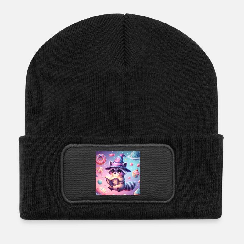 Skurriler mystischer Waschbär im Candyland - Recycelte Patch Beanie - Schwarz