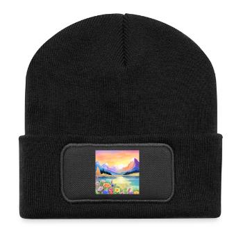 Sunset over the mountains, lake and flowers - Recycled Patch Beanie - black - Front