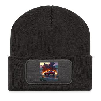 Red Sports Car Amid Urban Firestorm - Recycled Patch Beanie - dark grey - Front