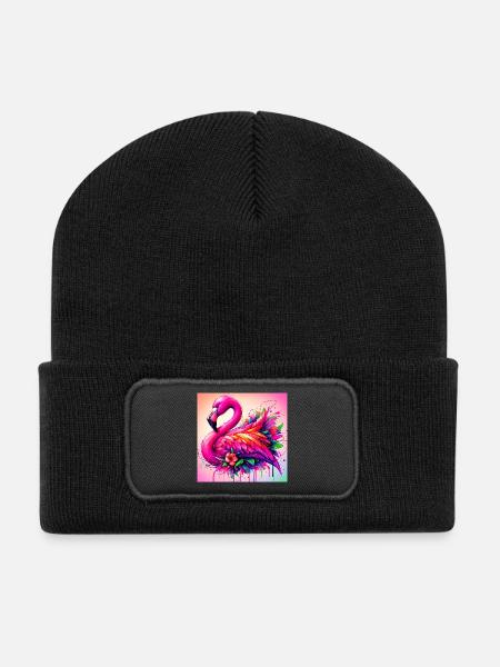 Flamingo - Recycelte Patch Beanie - Schwarz
