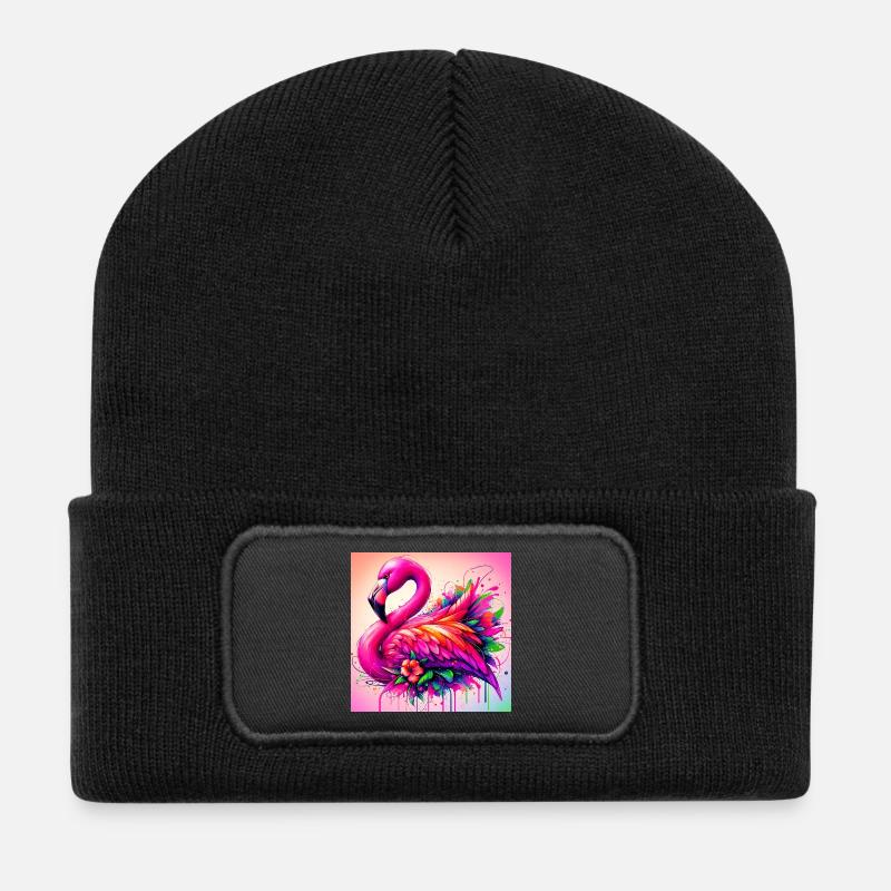 Flamingo - Recycelte Patch Beanie - Schwarz