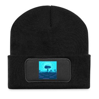 Futuristische blaue psychedelische Pilzszene - Recycelte Patch Beanie - Schwarz - Vorne