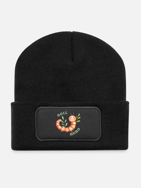Cheerful eco heroine - Earthworm with Leaves in the Background - Recycled Patch Beanie - black