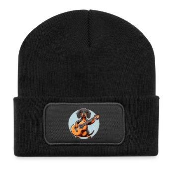 Hunde-Musiker Dackel mit Gitarre - Recycelte Patch Beanie - Schwarz - Vorne