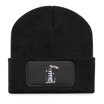 Leuchtturm mit Meerestieren und Banner - Recycelte Patch Beanie - Schwarz - Vorne