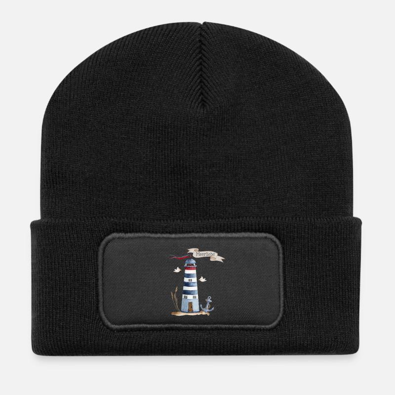 Leuchtturm mit Meerestieren und Banner - Recycelte Patch Beanie - Schwarz