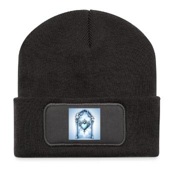 Dekorativer Herzrahmen im blauen Barockstil - Recycelte Patch Beanie - Dunkelgrau - Vorne