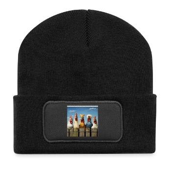 Humorvolle Hühnerfamilie im Comicstil - Recycelte Patch Beanie - Schwarz - Vorne
