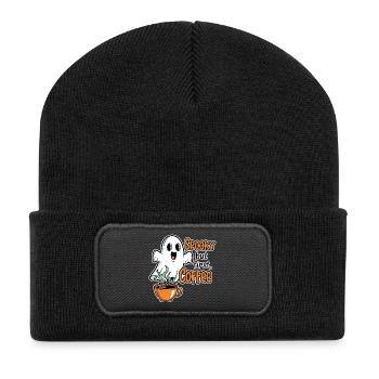 Spooky Ghost mit Kaffee Humor - Recycelte Patch Beanie - Schwarz - Vorne