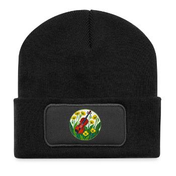 Lebendige Violine inmitten von Sonnenblumen - Recycelte Patch Beanie - Schwarz - Vorne