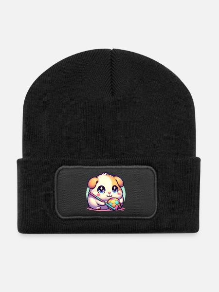 Kawaii Hamster Mit Ball Und Hockeyschläger Sport - Recycelte Patch Beanie - Schwarz