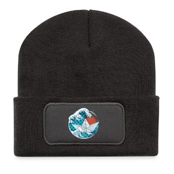 Origami Papierboot und Wellen - Recycelte Patch Beanie - Dunkelgrau - Vorne