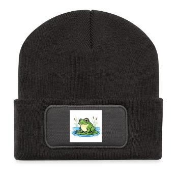 Charmanter Frosch auf Seerose - Recycelte Patch Beanie - Dunkelgrau - Vorne