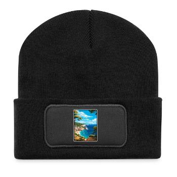 Calanques Frankreich Vintage-Reiseplakat Stadtlandschaft - Recycelte Patch Beanie - Schwarz - Vorne