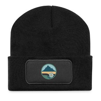 Berglandschaft mit Blumenmotiv - Recycelte Patch Beanie - Schwarz - Vorne