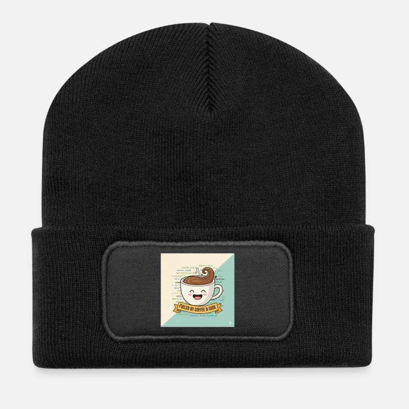 Happy Coffee Becher und Code - Recycelte Patch Beanie - Schwarz