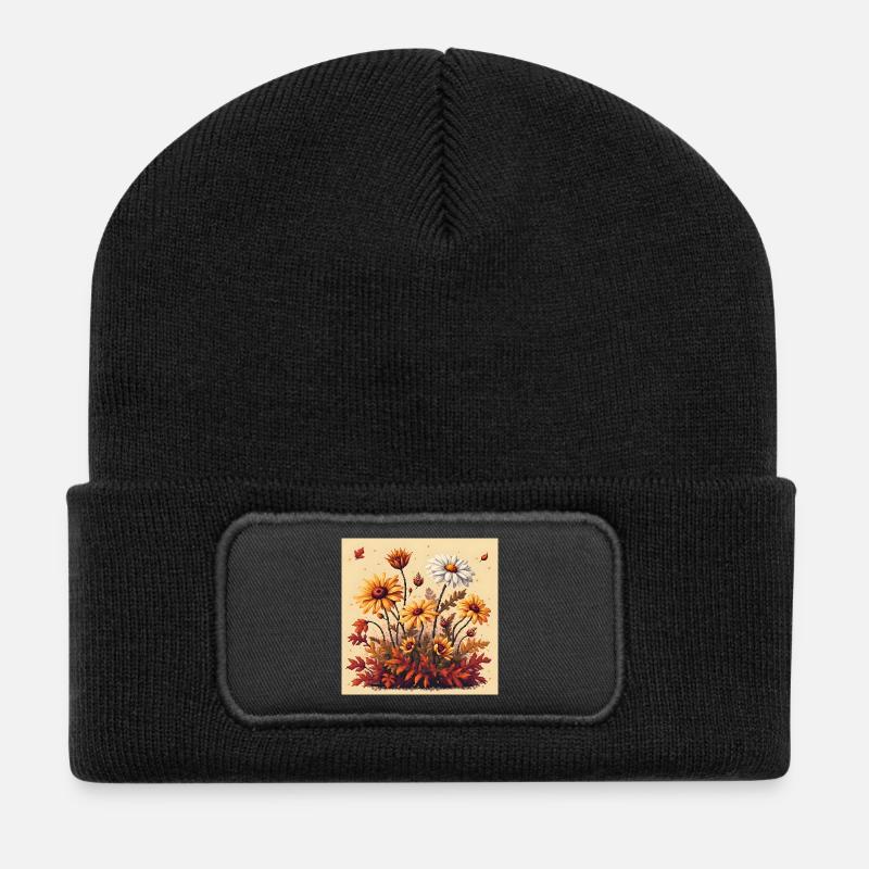 8-Bit Autumn Blooms - Recycelte Patch Beanie - Schwarz