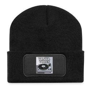 Vinyl Vibes Retro Plattenspieler Design - Recycelte Patch Beanie - Schwarz - Vorne