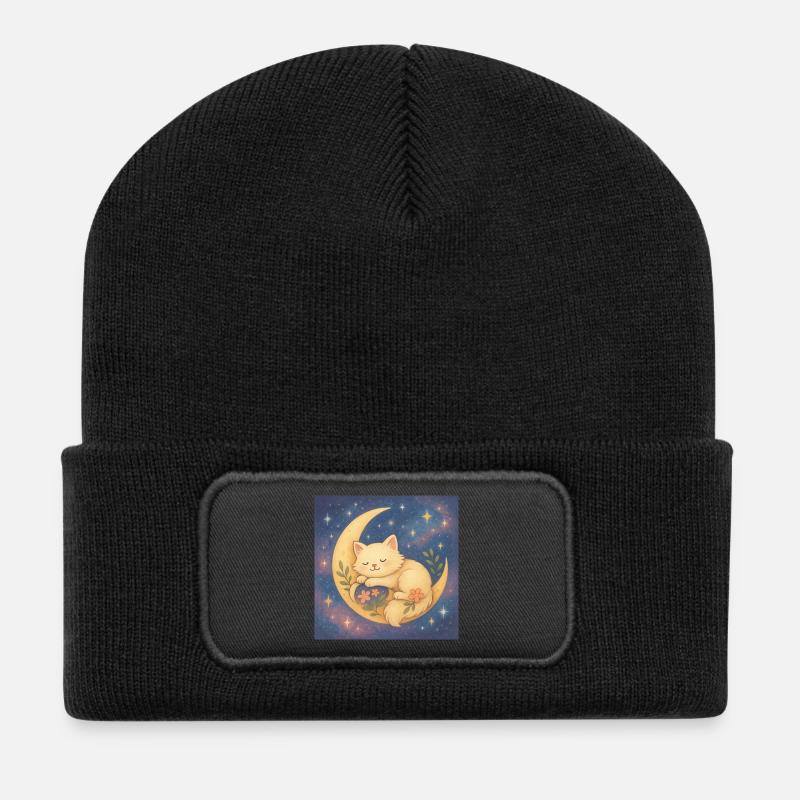 Sleeping cat on moon in starry sky - Recycled Patch Beanie - black