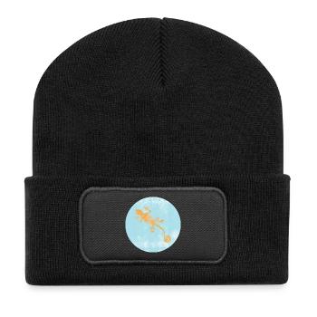 Gecko mit blauem Ibiza Design - Recycelte Patch Beanie - Schwarz - Vorne