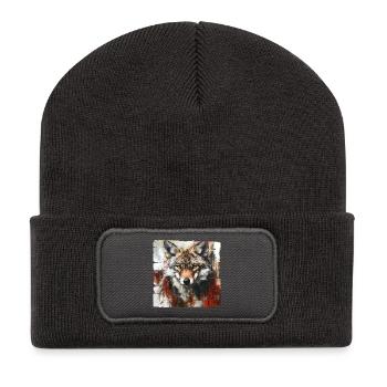 Ausdrucksstarker Wolfporträt Kunstdesign - Recycelte Patch Beanie - Dunkelgrau - Vorne