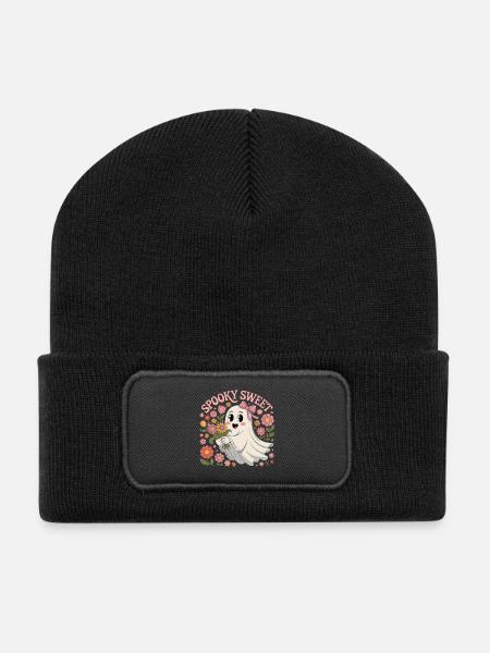 Süßer Geistermotive mit Blumenkranz - Recycelte Patch Beanie - Schwarz