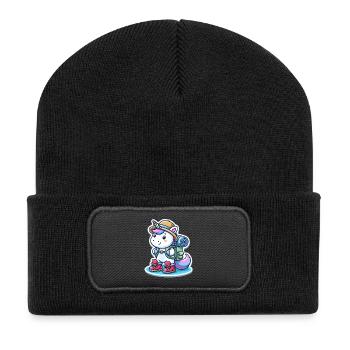 Abenteuer Einhorn mit Rucksack & Wanderschuhen - Recycelte Patch Beanie - Schwarz - Vorne