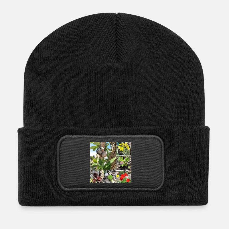 Verschiedene Gartenpflanzen und Schnecken - Recycelte Patch Beanie - Schwarz