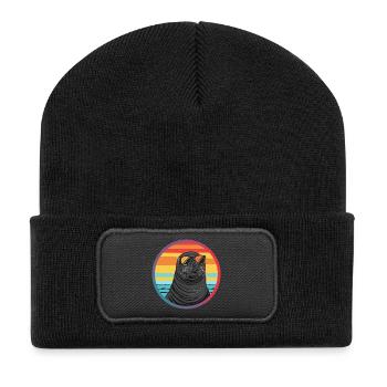 Seehund mit Sonnenbrille - Recycelte Patch Beanie - Schwarz - Vorne