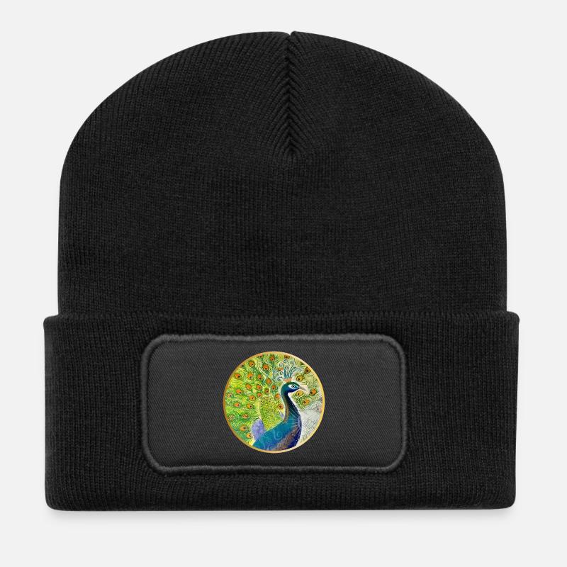 Prächtiger Pfau mit Krone - Recycelte Patch Beanie - Schwarz