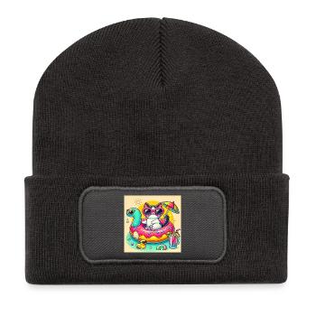 Chat Mignon sur Bouée Piscine Colorée - Beanie recyclé à patch - charbon - Devant