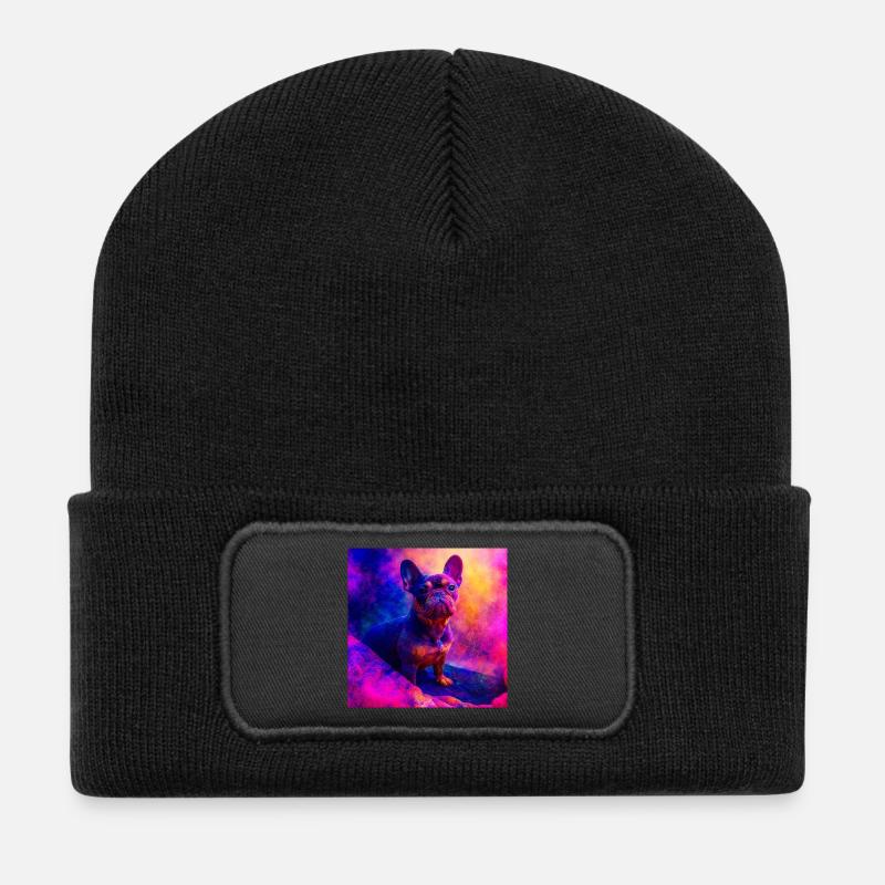 Farbiger French Bulldog Kunstdesign - Recycelte Patch Beanie - Schwarz
