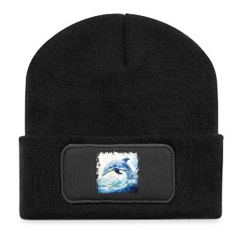 Lebensfroher Delfin im Aquarell-Wirbel - Recycelte Patch Beanie - Schwarz - Vorne