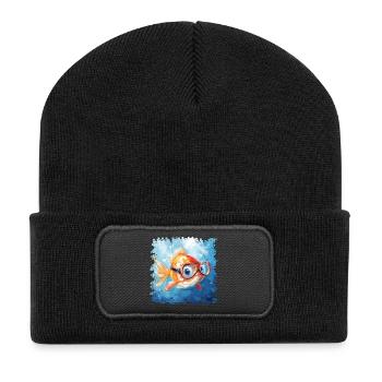 Goldfisch mit Taucherbrille - Recycelte Patch Beanie - Schwarz - Vorne