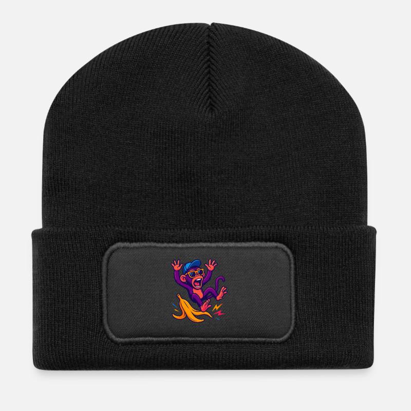 Singe néon avec banane - Beanie recyclé à patch - noir