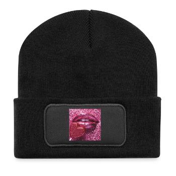 Lèvres glitter rose et cœur en sucre - Beanie recyclé à patch - noir - Devant
