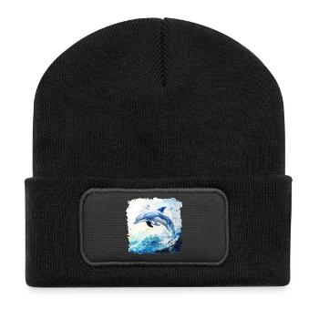 Wasserfarbener Delfin Sprung - Recycelte Patch Beanie - Schwarz - Vorne