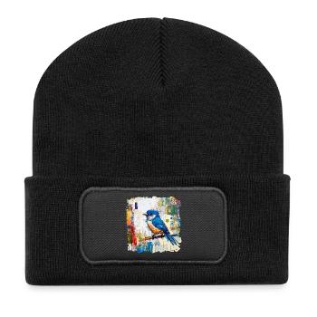 Blauer Vogel im abstrakten Farbmeer - Recycelte Patch Beanie - Schwarz - Vorne