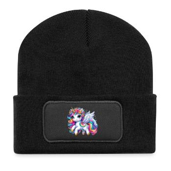 Regenbogen geflügelte Einhornkrone - Recycelte Patch Beanie - Schwarz - Vorne