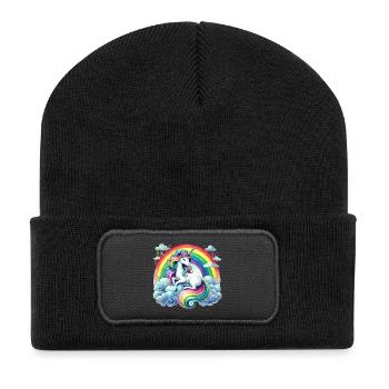 Regenbogen-Einhorn auf Wolken - Recycelte Patch Beanie - Schwarz - Vorne
