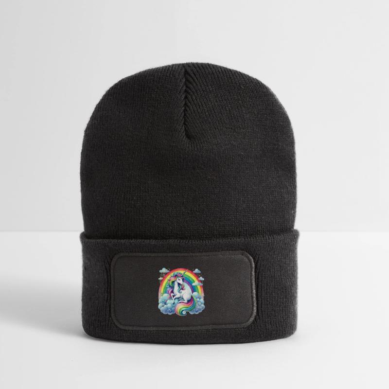 Rainbow Unicorn on Clouds Recycled Patch Beanie