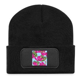 Helles Muster mit Alpenveilchenblüten - Recycelte Patch Beanie - Schwarz - Vorne