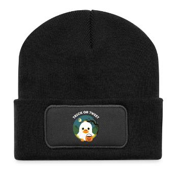 Lustiges Halloween – Süßes oder Tweet Entlein - Recycelte Patch Beanie - Schwarz - Vorne