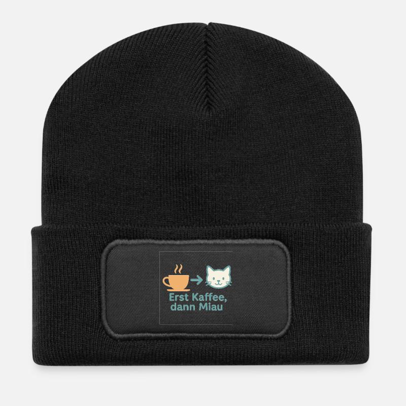 Erst Kaffee, dann Miau - Recycelte Patch Beanie - Schwarz