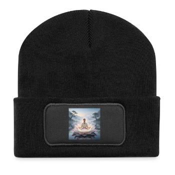 Man meditating on open lotus flower - Recycled Patch Beanie - black - Front