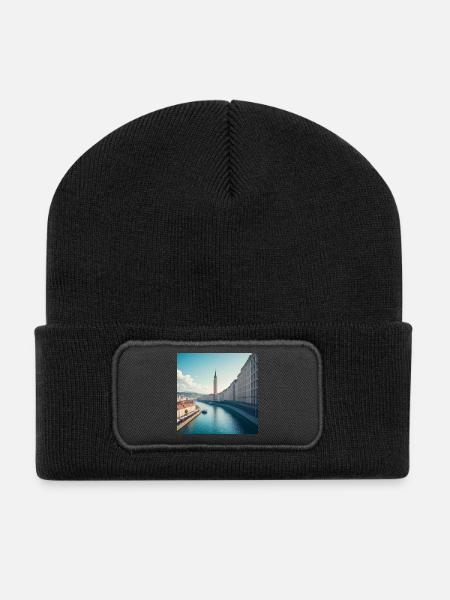 Clock Tower and European Urban Canal - Recycled Patch Beanie - black
