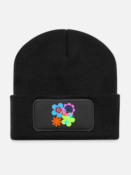 Kunterbunte Blüten und Sterne Psychedelische Flora - Recycelte Patch Beanie - Schwarz