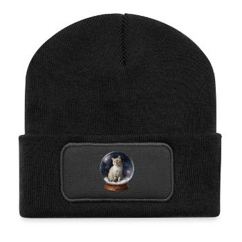 Cosmic Cat in Snow Globe - Recycelte Patch Beanie - Schwarz - Vorne