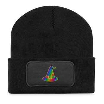 Halloween-Regenbogen Glitzer Hexenhut - Recycelte Patch Beanie - Schwarz - Vorne